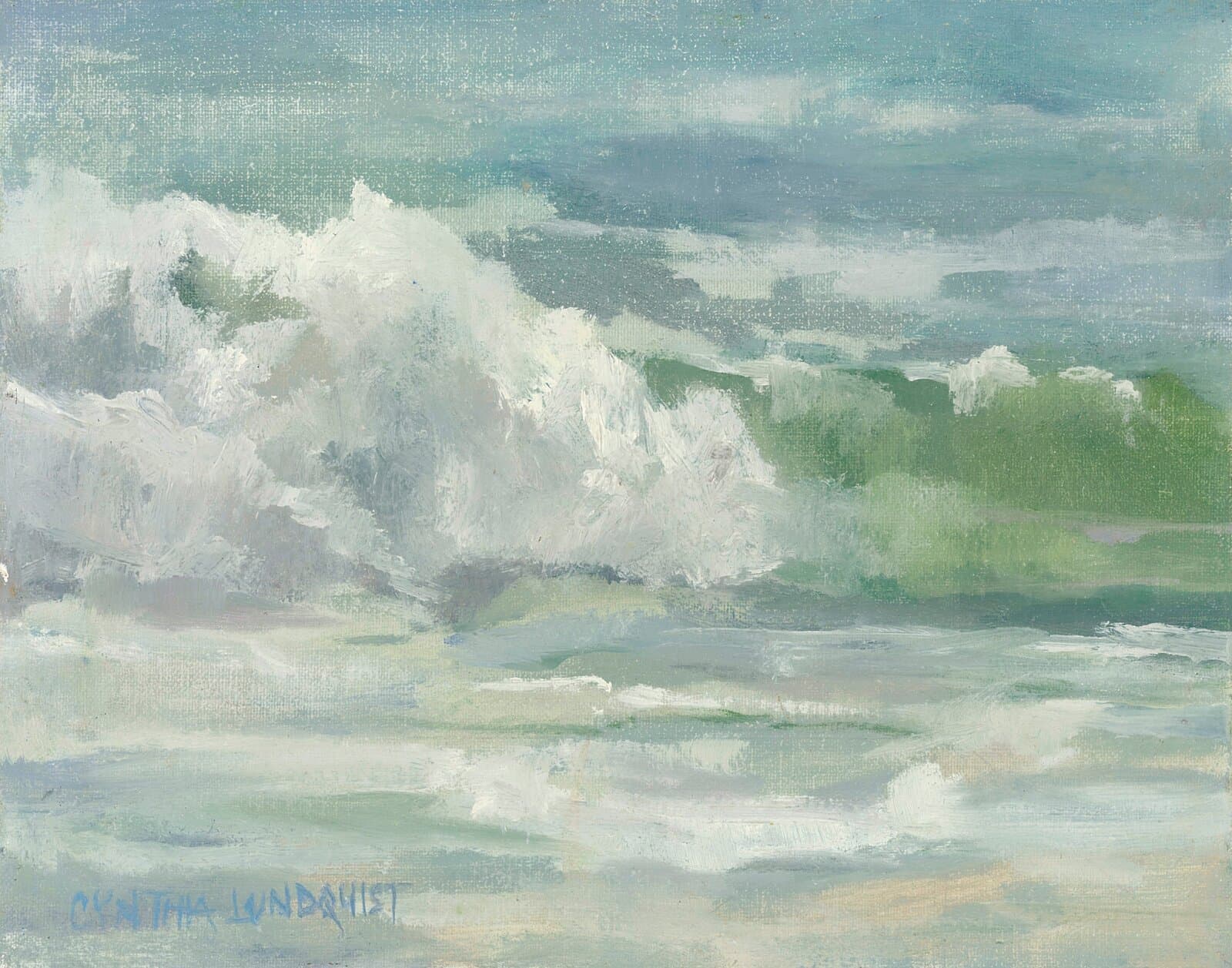 Cape Cod Wave — original coastal oil painting of a cresting green and white wave under a soft sky by Cynthia Lundquist.