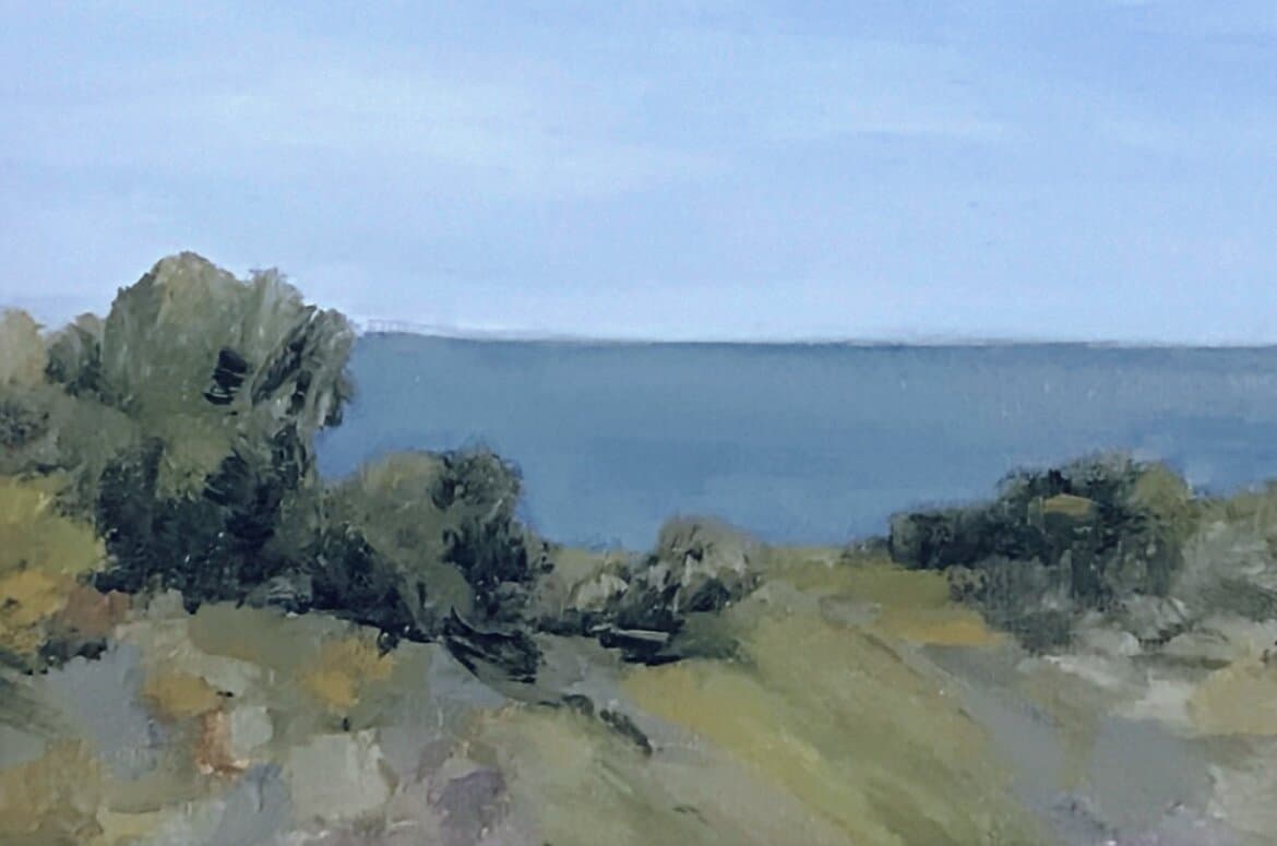 Coastal Bluff — original plein-air oil painting of a green California headland overlooking a hazy blue sea by Cynthia Lundquist.