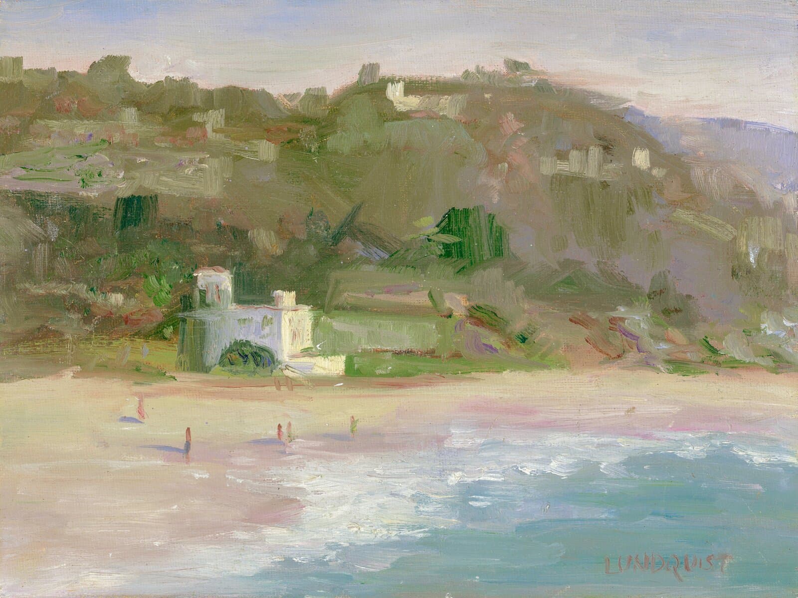 Hillside Cove — original California coastal oil painting of a white cottage on a green bluff above a sandy beach and turquoise water by Cynthia Lundquist.