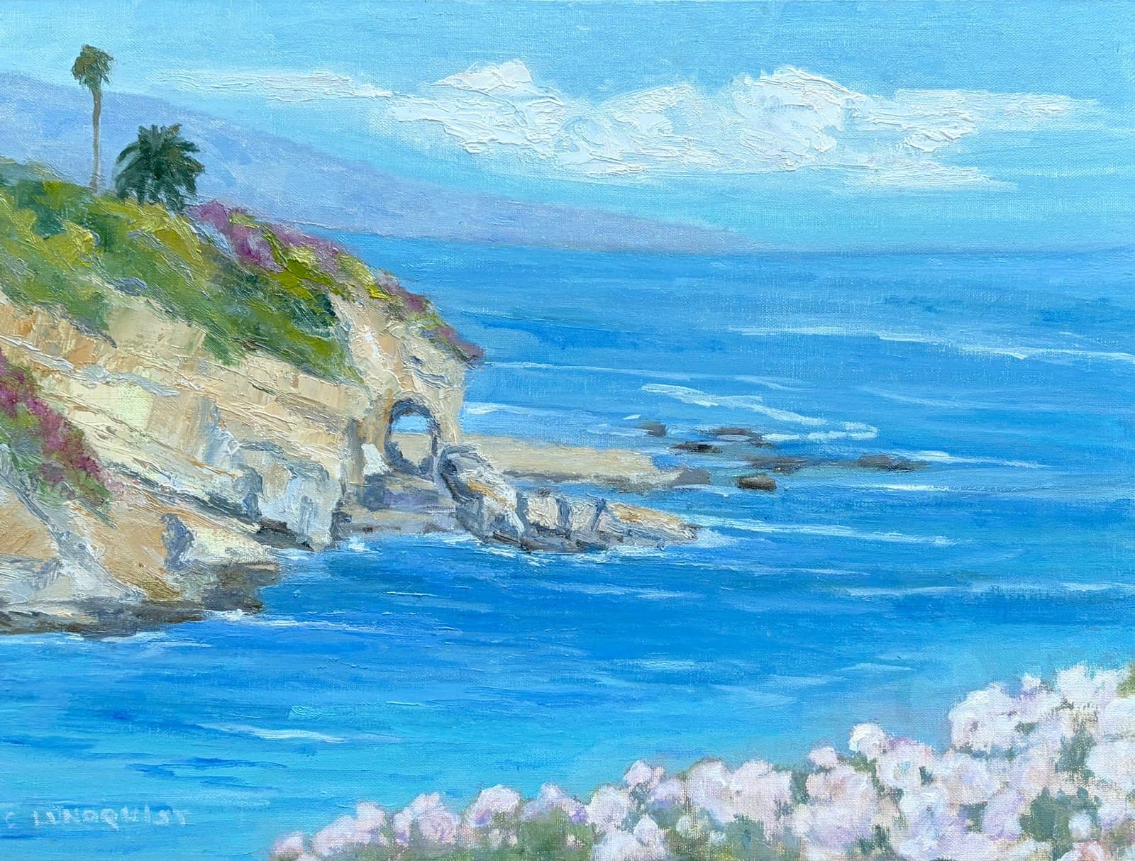 Keyhole Rock — oil painting of a sandstone bluff with a natural arch above blue water in Laguna Beach, California, by Cynthia Lundquist.