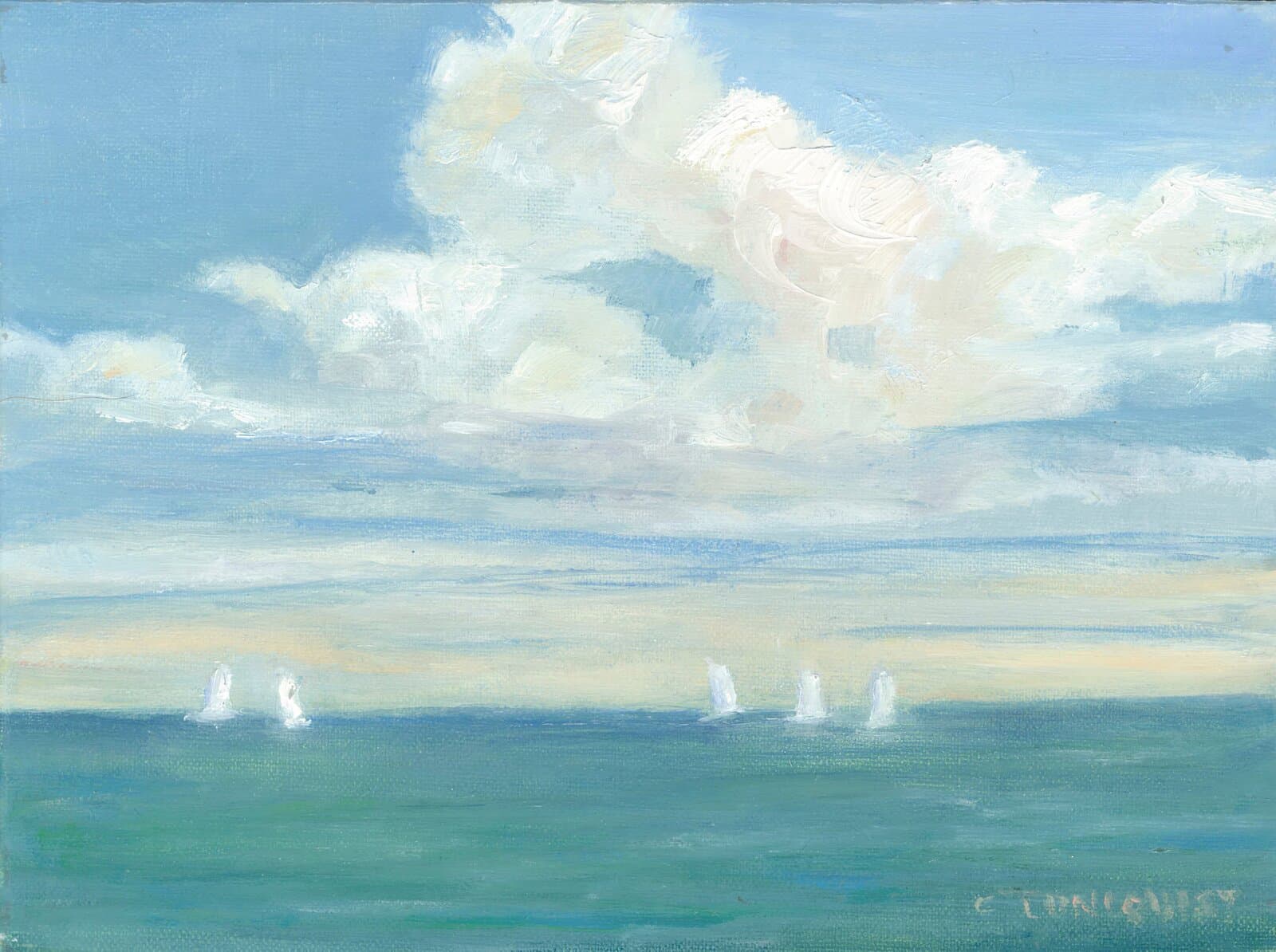 Sailboats on the Horizon — original atmospheric coastal oil painting of white sailboats beneath a billowing cloud over a teal sea by Cynthia Lundquist.